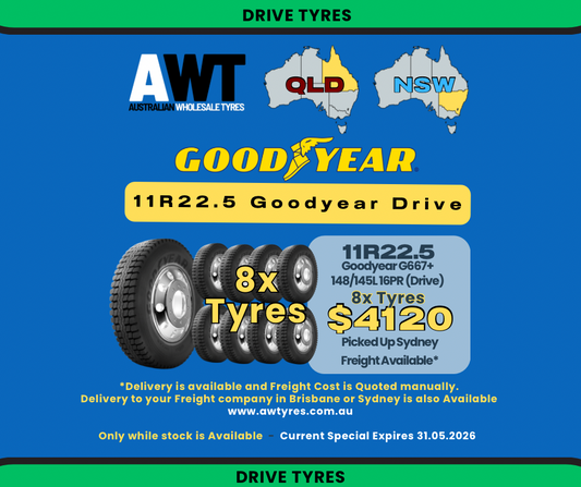 GOODYEAR 11R22.5 148/145L 16PR G667+ Drive  (8x Tyres Promo)  NSW / QLD Special