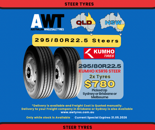 KUMHO 295/80R22.5 KSR16 - STEER (2x Tyres) (NSW, VIC & QLD)