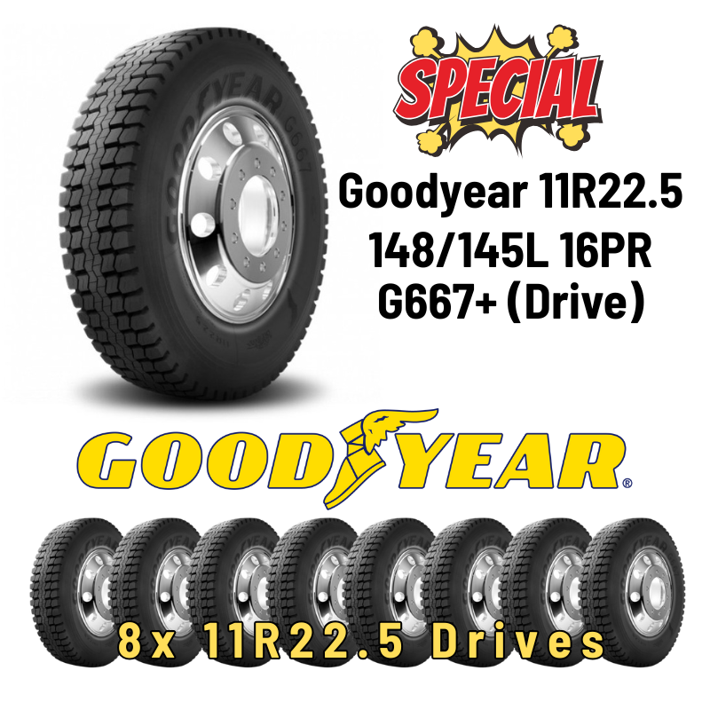 Goodyear 11R22.5 148/145L 16PR G667+ (Drive) (8x Tyres Delivered NSW Only) Special