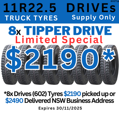8x 11R22.5 TRUCK TIPPER DRIVE TYRES - HD602 (SUPER SPECIAL)