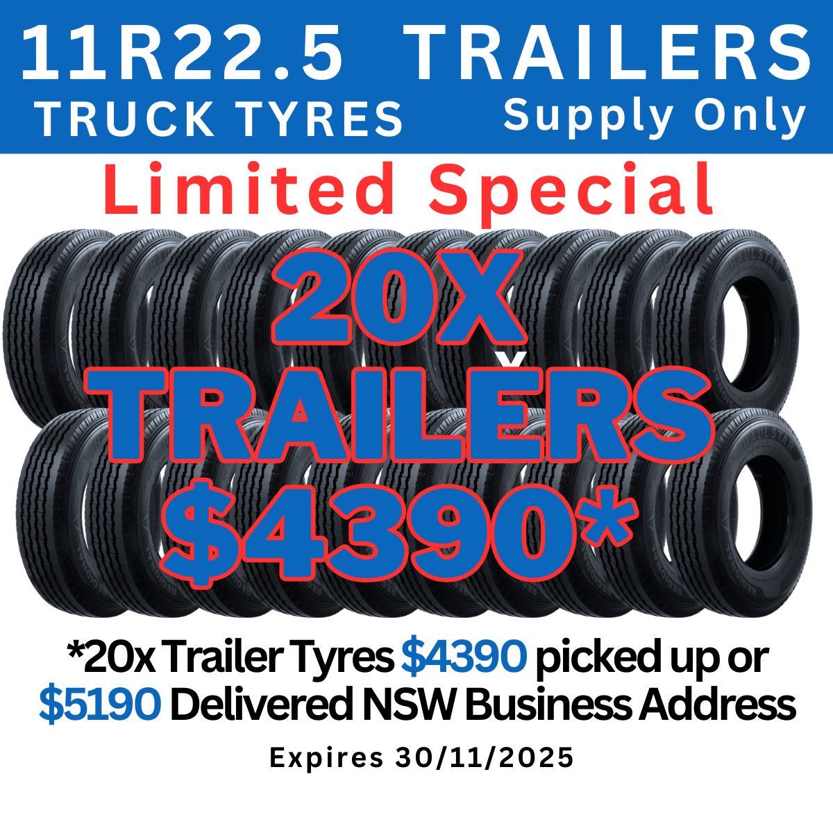 11R22.5 - TRUCK TRAILER TYRES (20x Tyre Buy SUPER SPECIAL)