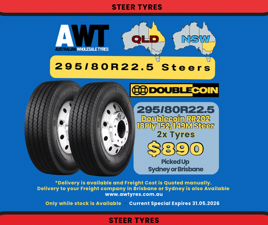 DOUBLECOIN 295/80R22.5  RR202 - STEER (2x Tyre Package) (NSW, QLD)