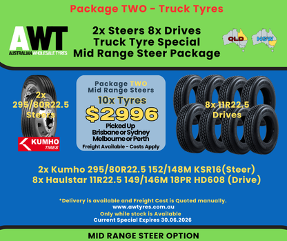 Steer & Drive Tyre Package TWO (Mid Range Steer Package) 8x Drives, 2x Steers (2606)
