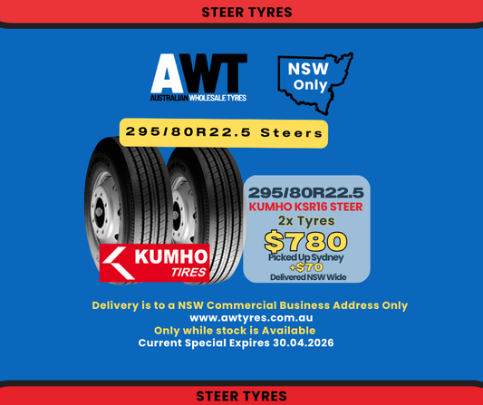 KUMHO 295/80R22.5 KSR16 - STEER (2x Tyres) (NSW)