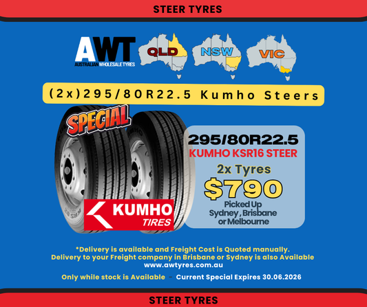 KUMHO 295/80R22.5 KSR16 - STEER (2x Tyres) (NSW, VIC & QLD)