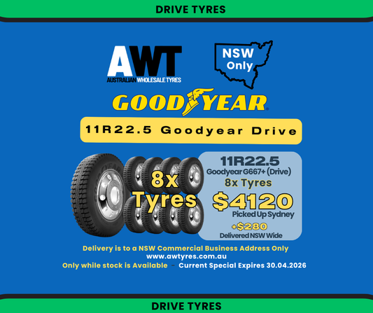 GOODYEAR 11R22.5 148/145L 16PR G667+ Drive  (8x Tyres Promo)  NSW Only Special