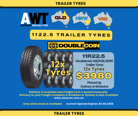 Doublecoin 11R22.5 148/145L RR99 (Trailer) (12x Tyres Package) QLD NSW Special