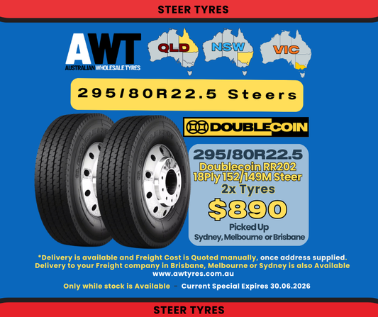 DOUBLECOIN 295/80R22.5  RR202 - STEER (2x Tyre Package) (NSW, QLD)